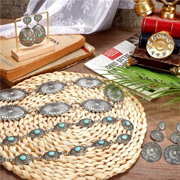 4 Pcs Turquoise Chain Belt Concho Post Earrings Set Metal Waist Belts 2 Pairs main image 2